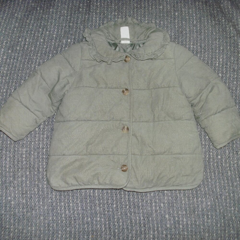 H&M Light Green Corduroy Puffy Button Front Jacket Coat with Ruffle Collar 18 M